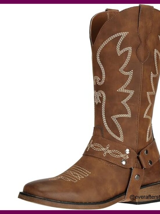 Shoes - Square Toe Cowgirl Boots with Detachable Strap, Faux Leather, Wide Calf
